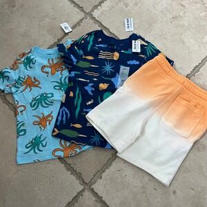 Old Navy Toddler Boy 3pc Lot 3T Sea Life Octopus T-Shirts Ombre Shorts NWT